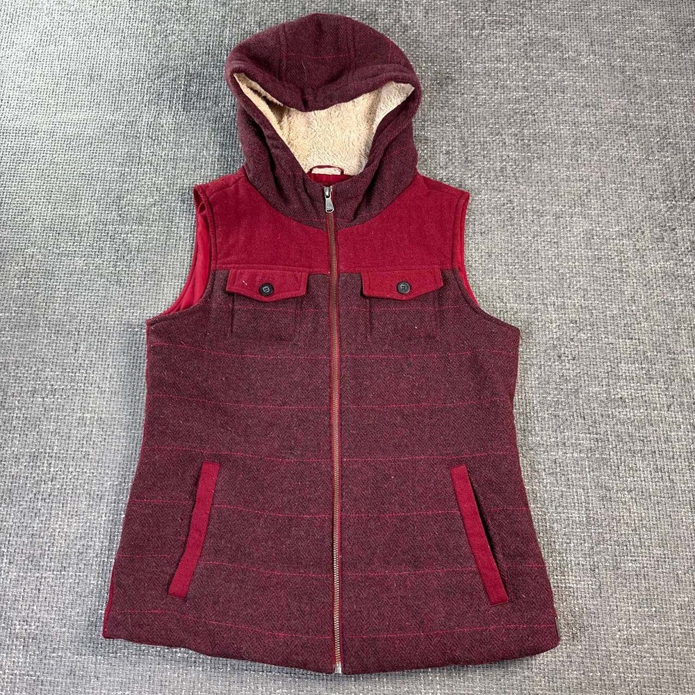Prana Hooded Wool Blend Vest Womens Large Burgundy Herringbone Quilted 4345